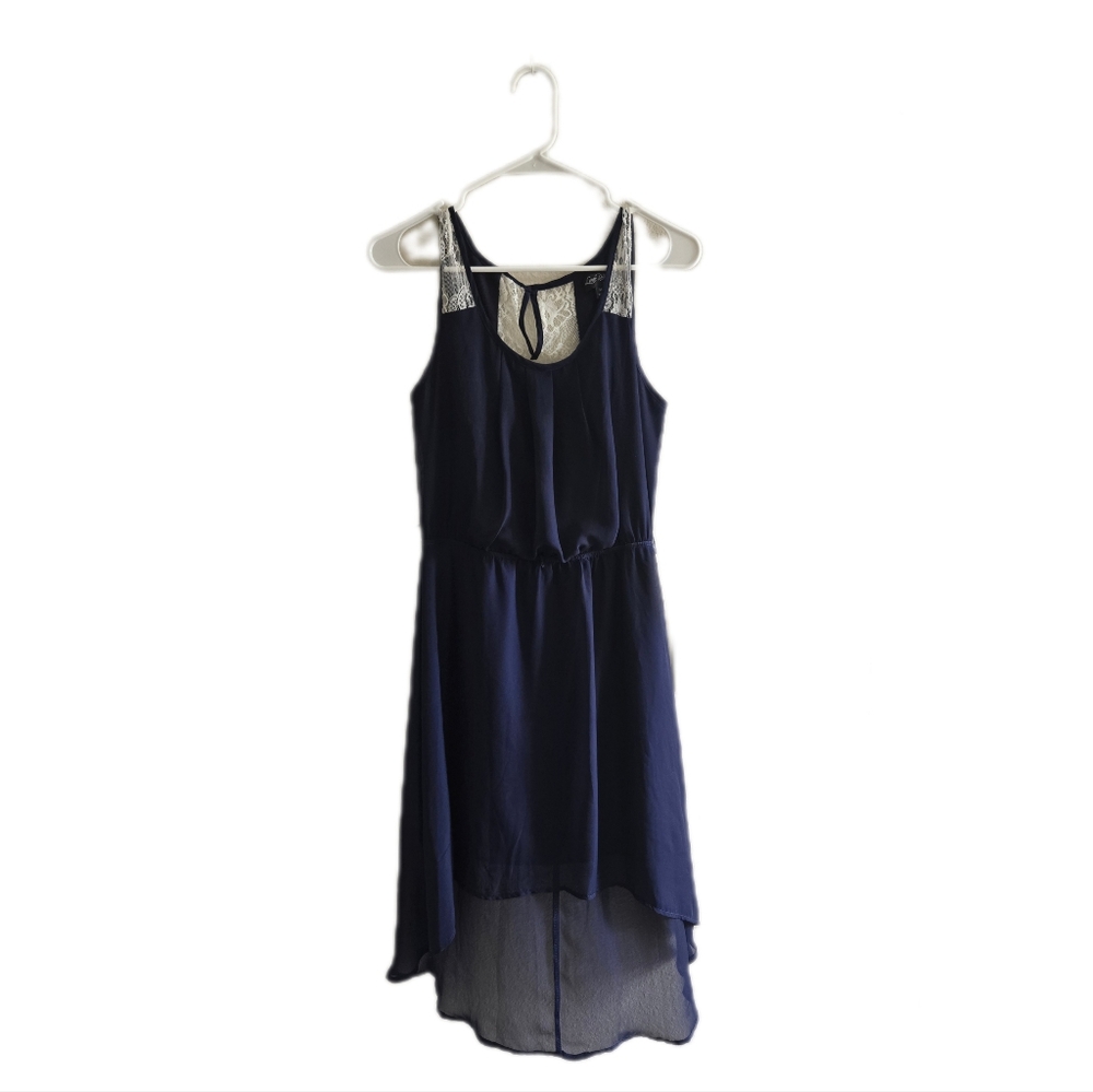 Elegant Navy Dress High Low W/ Lace Accents Medium